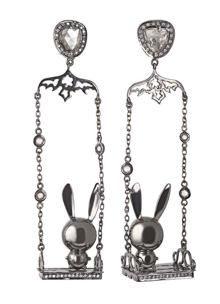 Natasha Zinko designer jewellery rabbit earrings in gold and diamonds.
